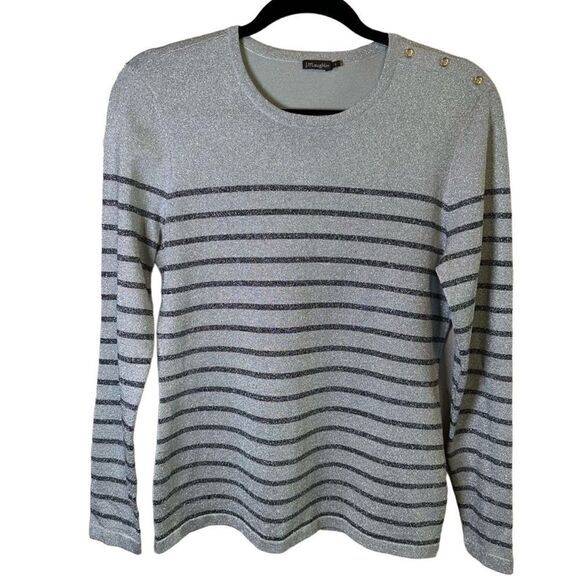 J. Mclaughlin- Silver & Black Metallic Striped Knit Stretch Button Collar Top, S - Picture 1 of 6